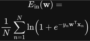 E in of w equals one over N times the sum, from n equals 1 to N, of the natural logarithm of one plus e raised to negative y n times w transpose x n.