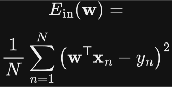 E in of w equals one over N times the sum, from n equals 1 to N, of w transpose x n minus y n, squared.