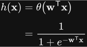 h of x equals theta of w transpose x, which equals one divided by one plus e raised to negative w transpose x.